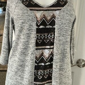 ONE WORLD Gray and Black sequined geometric patterns Tunic Top 1X